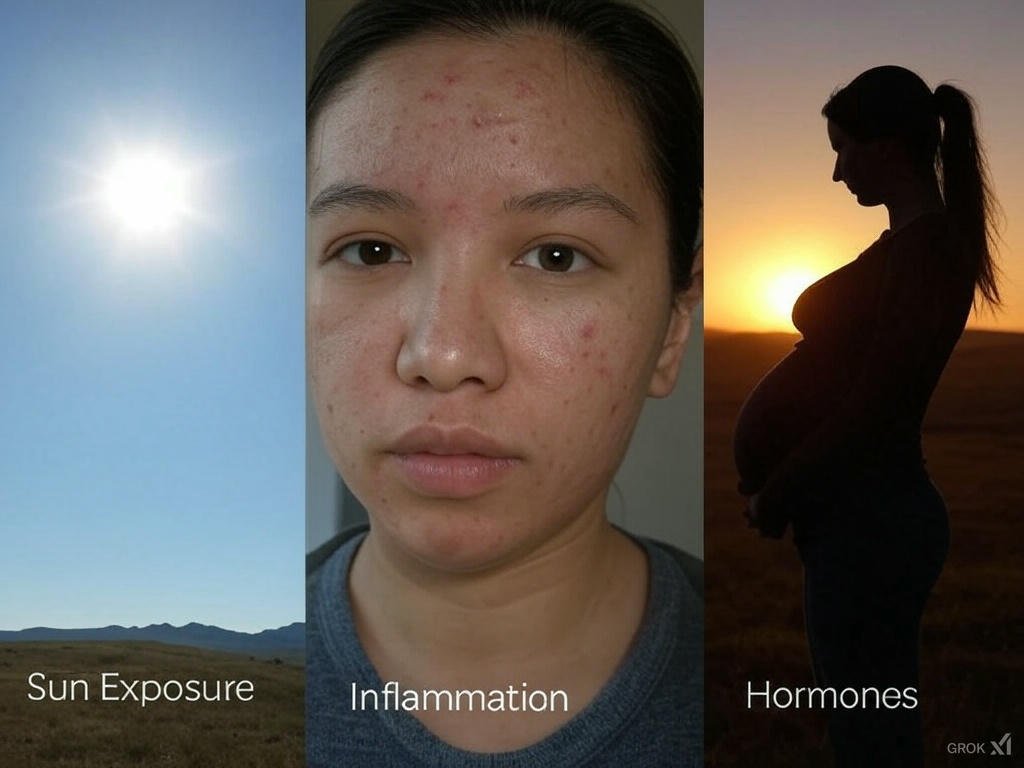 Hyperpigmentation causes: sun exposure, acne scars, and hormonal changes