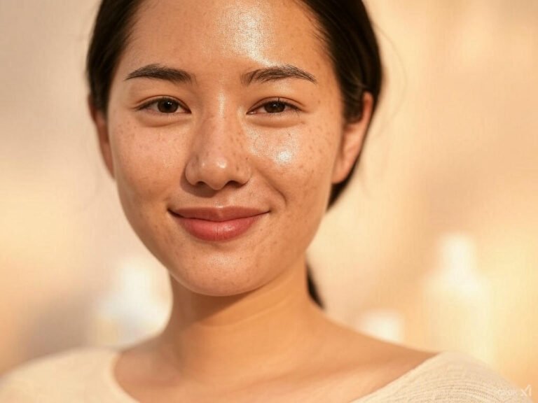 Woman showing hyperpigmentation on one side and radiant skin on the other