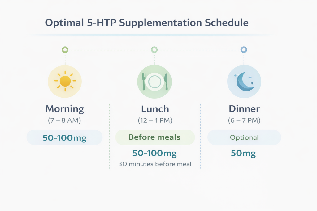Infographic showing optimal 5-HTP dosage timing for appetite control before meals 2026