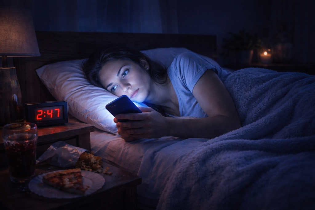A person using a smartphone in bed at night, illustrating how blue light disrupts deep sleep weight loss efforts.
