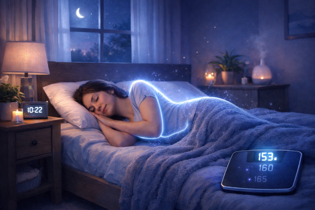 A person sleeping peacefully in a serene bedroom representing deep sleep weight loss and metabolic health.
