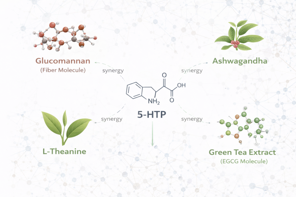 Visualization of 5-HTP working synergistically with other ingredients in metabolic formulas