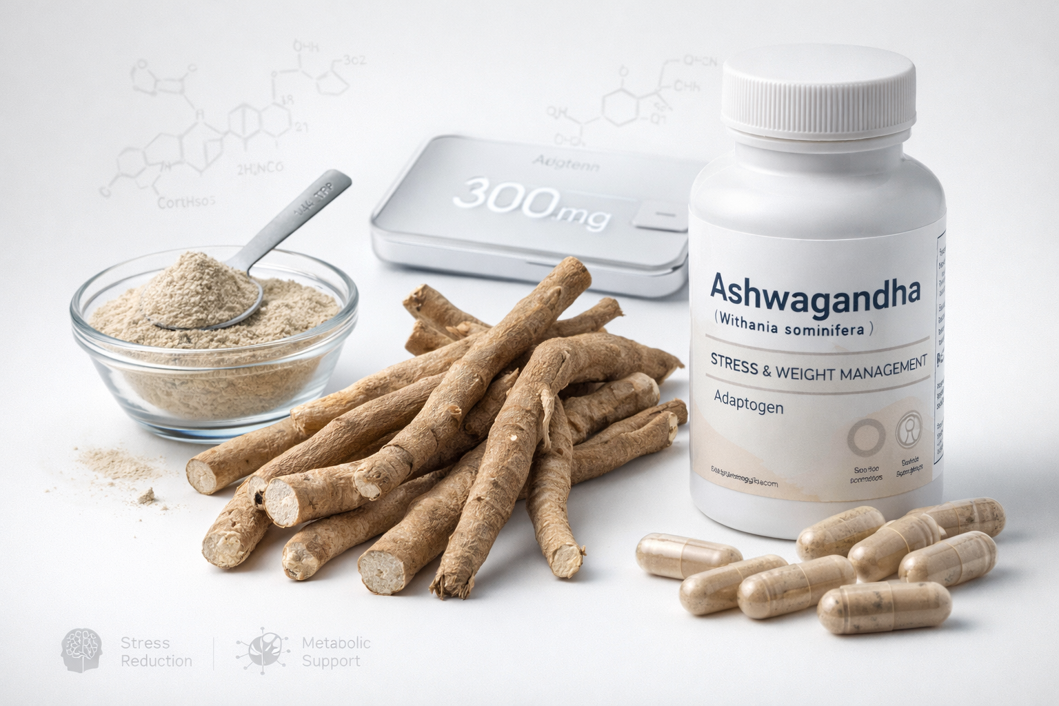 Ashwagandha for stress and weight - natural roots, powder, and capsules for adaptogen support