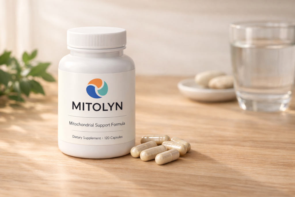 MITOLYN dietary supplement bottle and capsules for natural metabolic support, placed on a light wooden background.