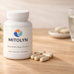 MITOLYN dietary supplement bottle and capsules for natural metabolic support, placed on a light wooden background.